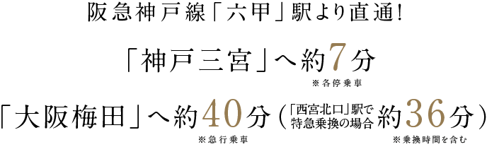 阪急神戸線「六甲」駅より直通！「神戸三宮」へ約7分・「大阪梅田」へ約40分（約36分）